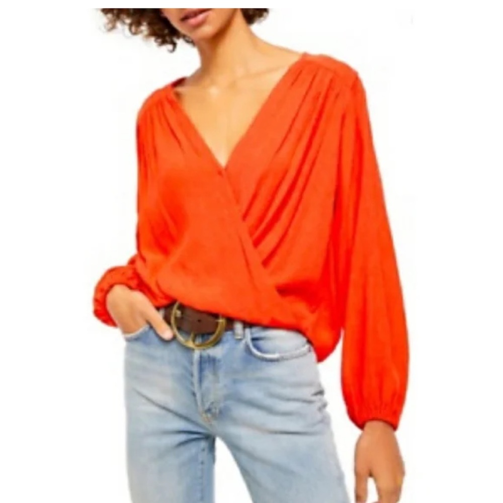 Free People Red Draped Wrap Blouse